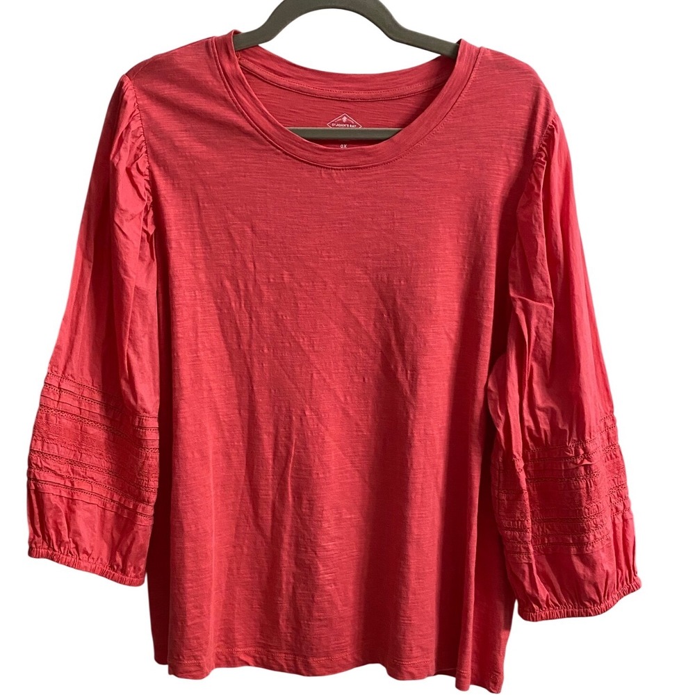St Johns Bay Womens 0X Red Cotton Slub Puff Sleeve Eyelet Lace Top 3/4 Sleeve